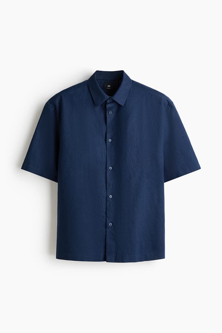 Relaxed Fit Short-sleeved Linen-blend Shirt, Alternate, color, Dark blue