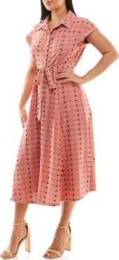 Nina Leonard Swiss Dot Cap Sleeve Midi Shirtdress