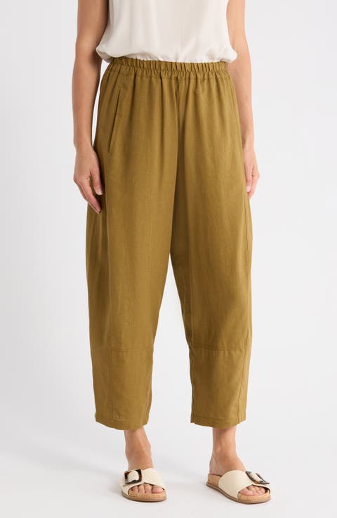 Crop Linen Blend Barrel Leg Pants