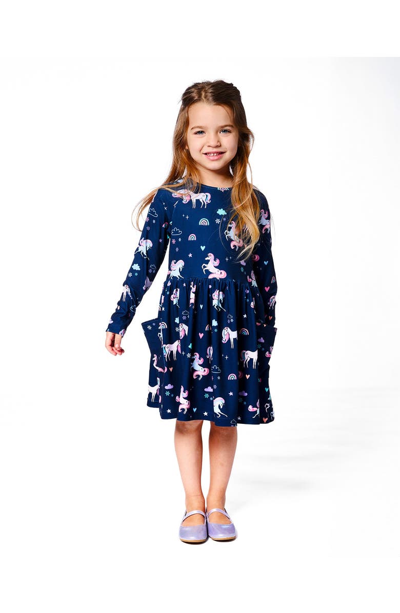 Deux par Deux Jersey Dress with Pockets Unicorn, Main, color, Navy