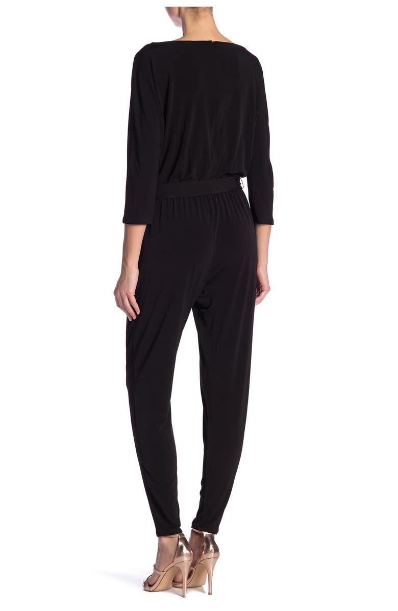 Nina Leonard Three-Quarter Length Sleeve Waist Tie Jumpsuit, Alternate, color, Black