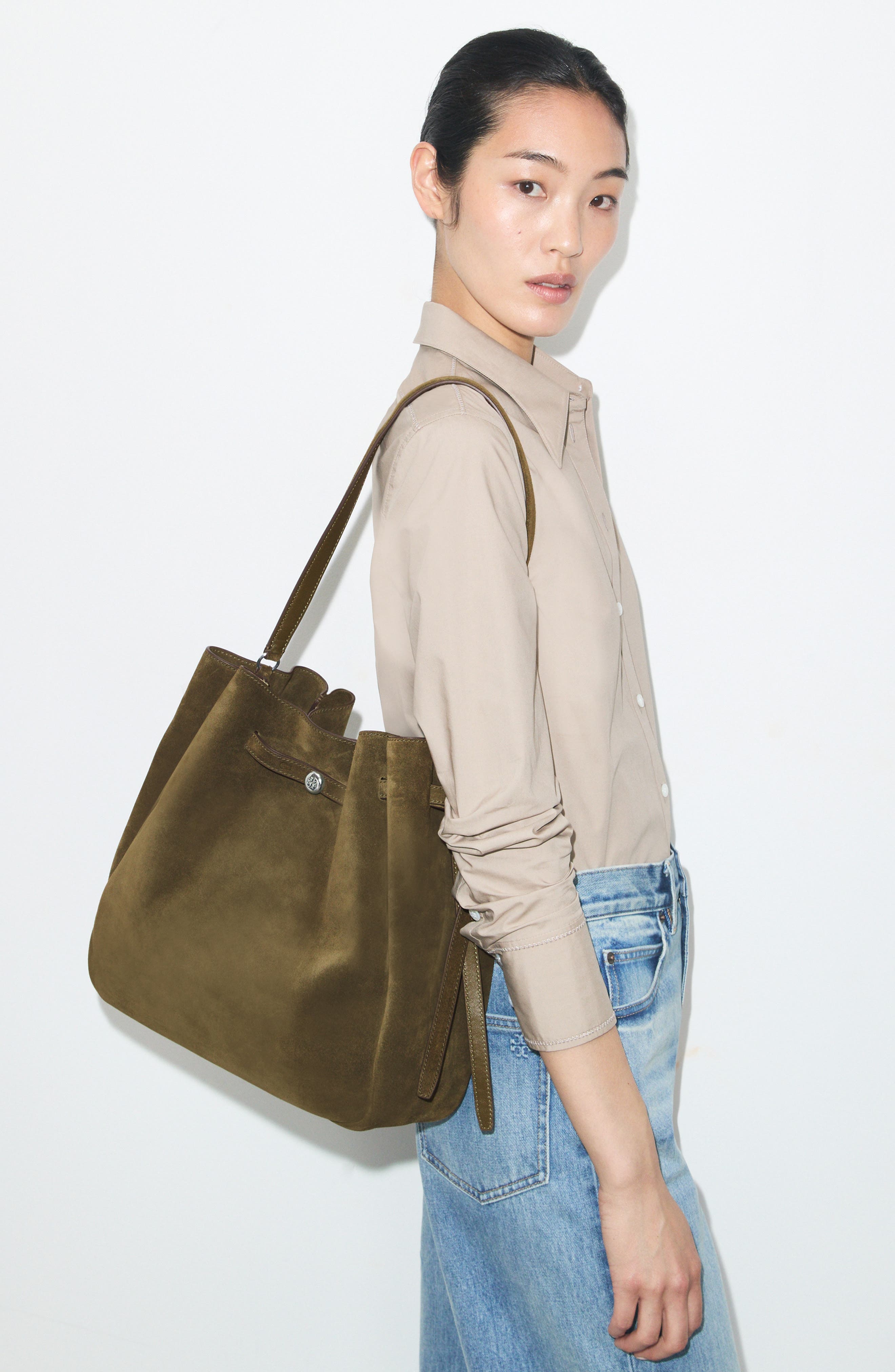 Large Romy Suede Bucket Bag, Alternate, color, LECCIO