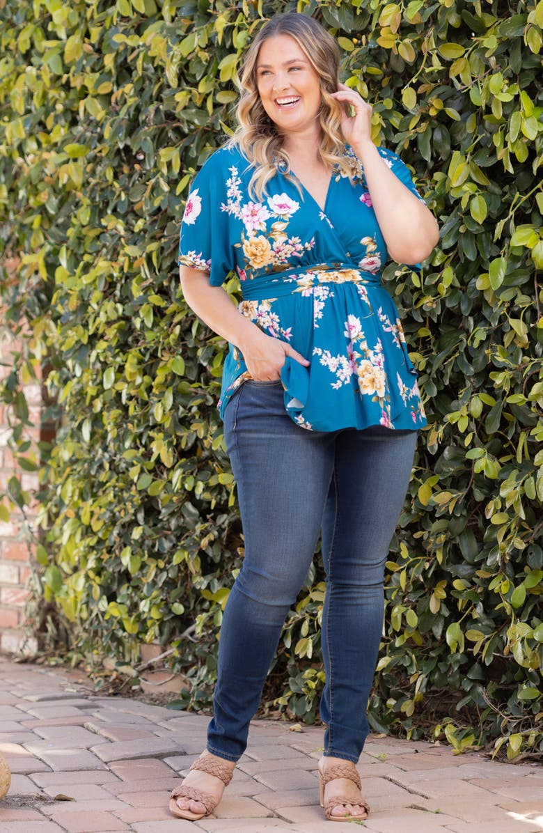 Kiyonna Encore Print Faux Wrap Top, Alternate, color, Teal Floral Print