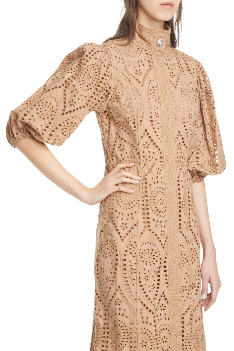 Puff Sleeve Broderie Anglaise Cotton Midi Dress, Alternate, color, TANNIN 185