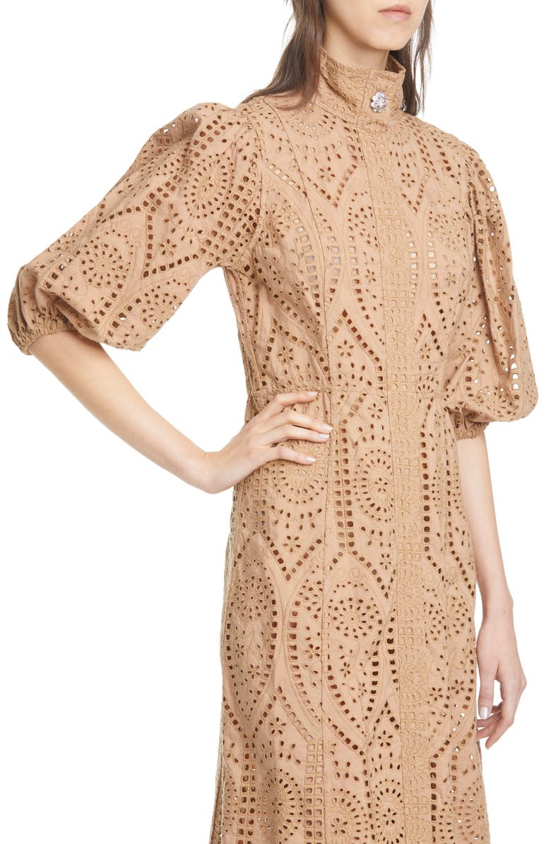 Ganni Puff Sleeve Broderie Anglaise Cotton Midi Dress, Alternate, color,