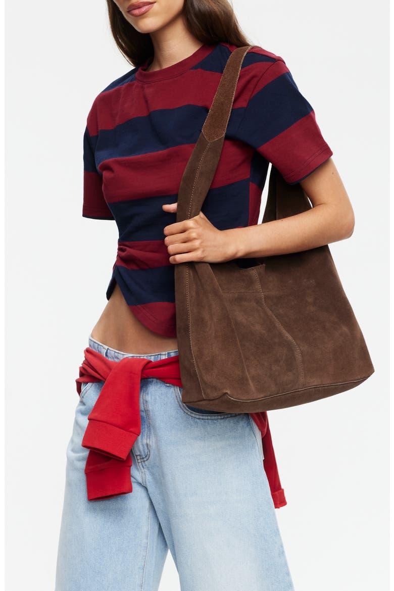 In Transit Stripe Ruched Cotton Crop T-Shirt, Alternate, color, BURGUNDY STRIPE