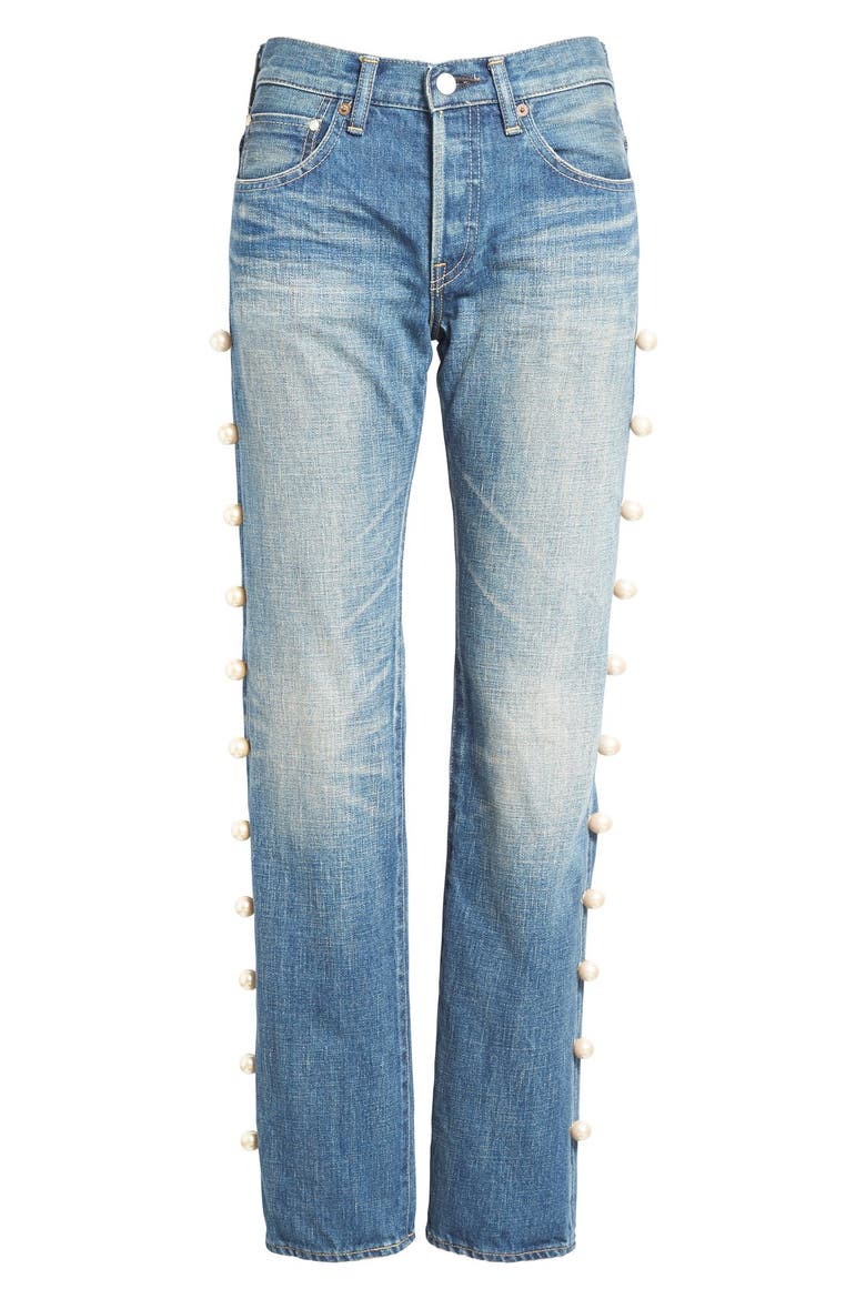 Imitation Pearl Embellished Jeans, Alternate, color, PEARL