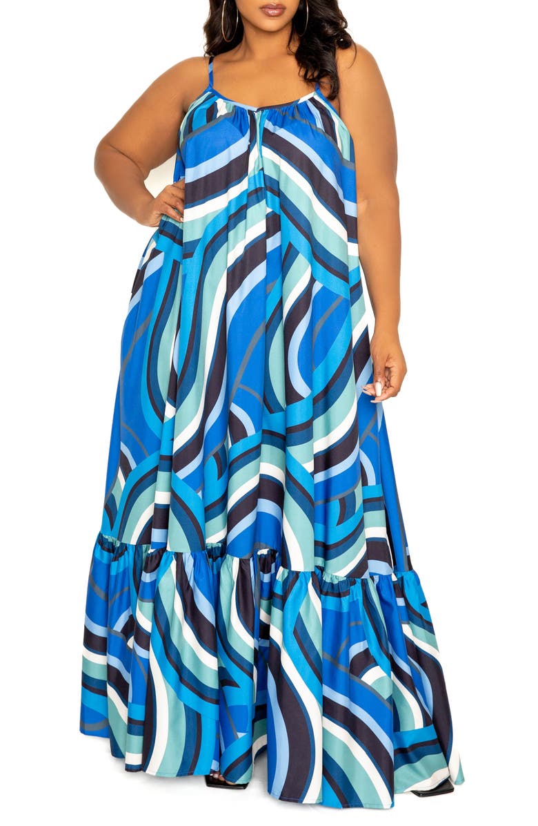 BUXOM COUTURE Geometric Print Maxi Dress, Main, color, 