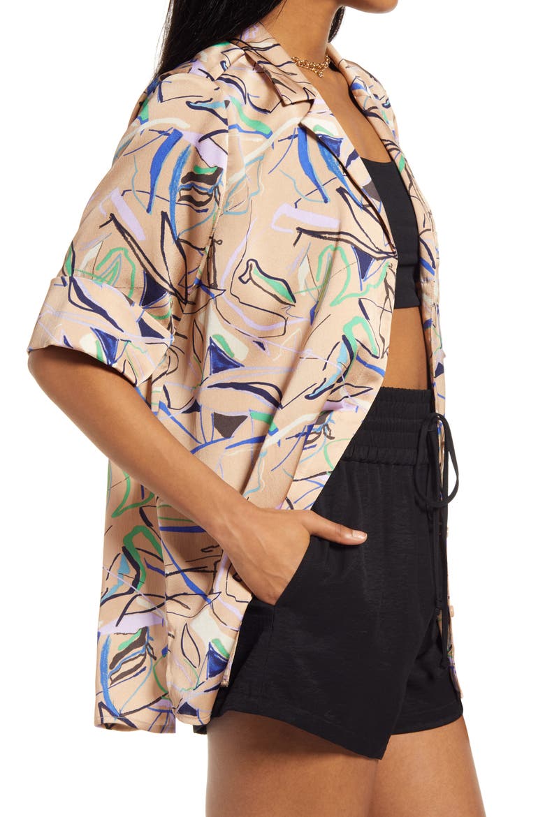 Satin Camp Shirt, Alternate, color, TAN DOODLE PRINT