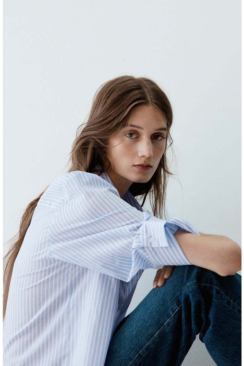 Striped Cropped Cotton Shirt, Alternate, color, SKY BLUE