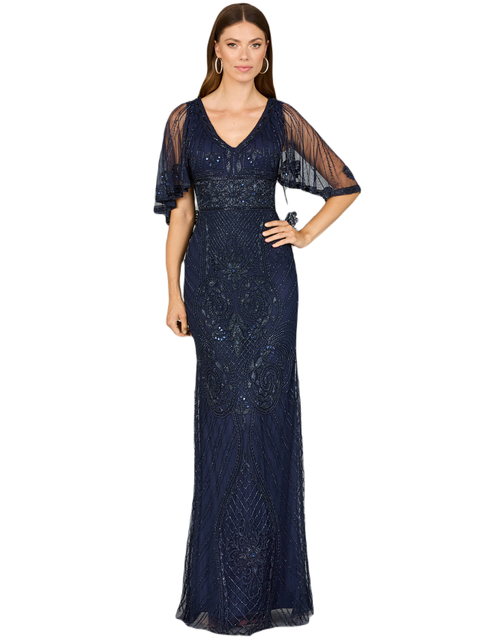 Cape Sleeve V-Neck Beaded Gown