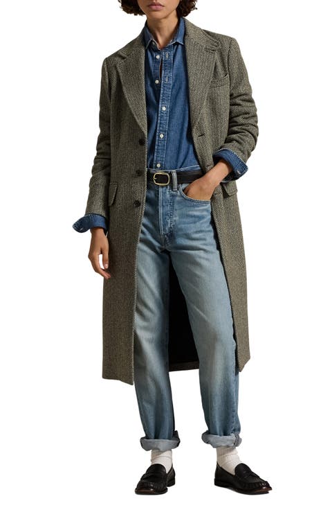 Herringbone Single Breasted Suede Trim Wool Blend Coat