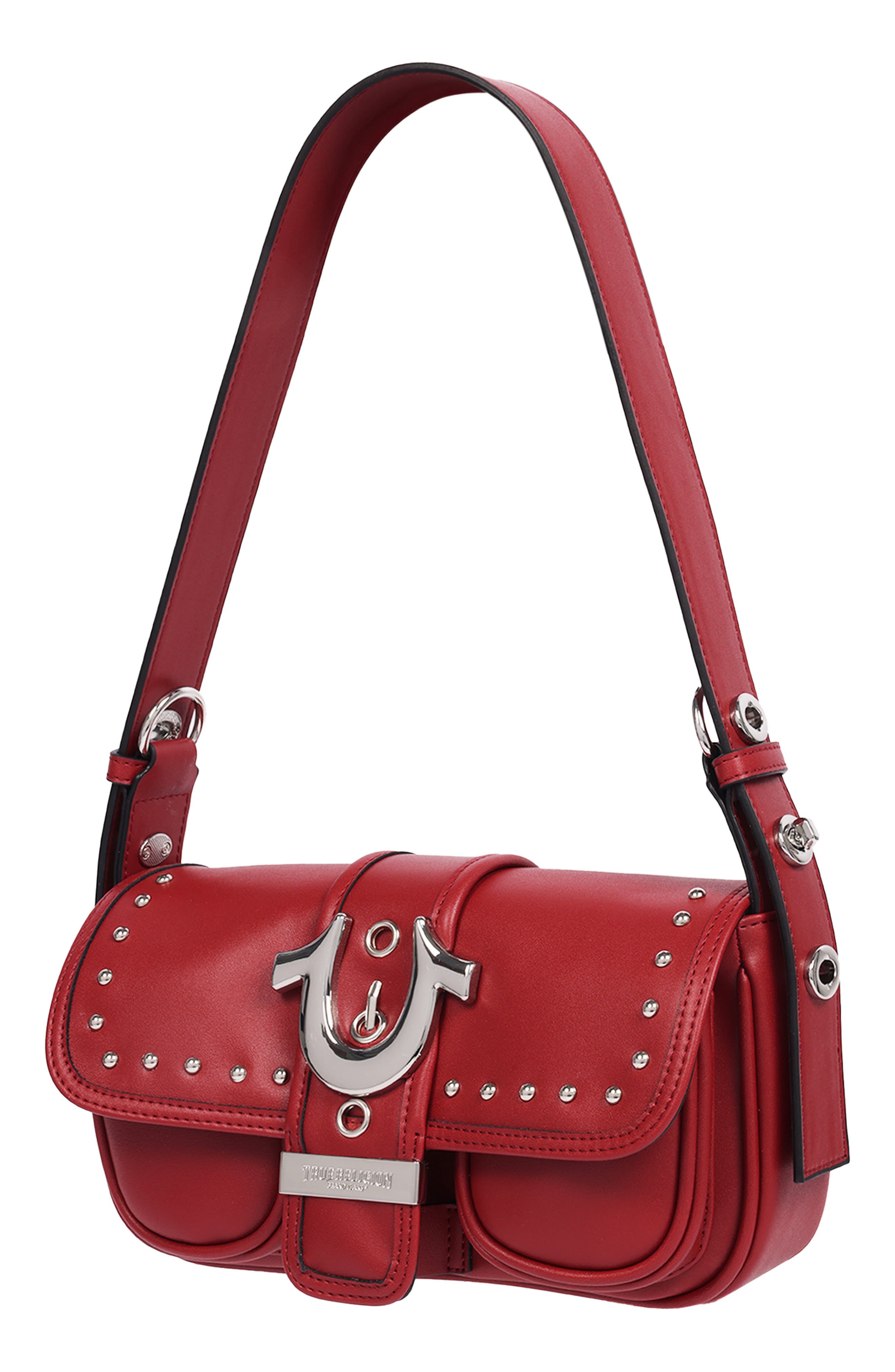 Smooth Moto Studded Faux Leather Shoulder Bag, Alternate, color, RED