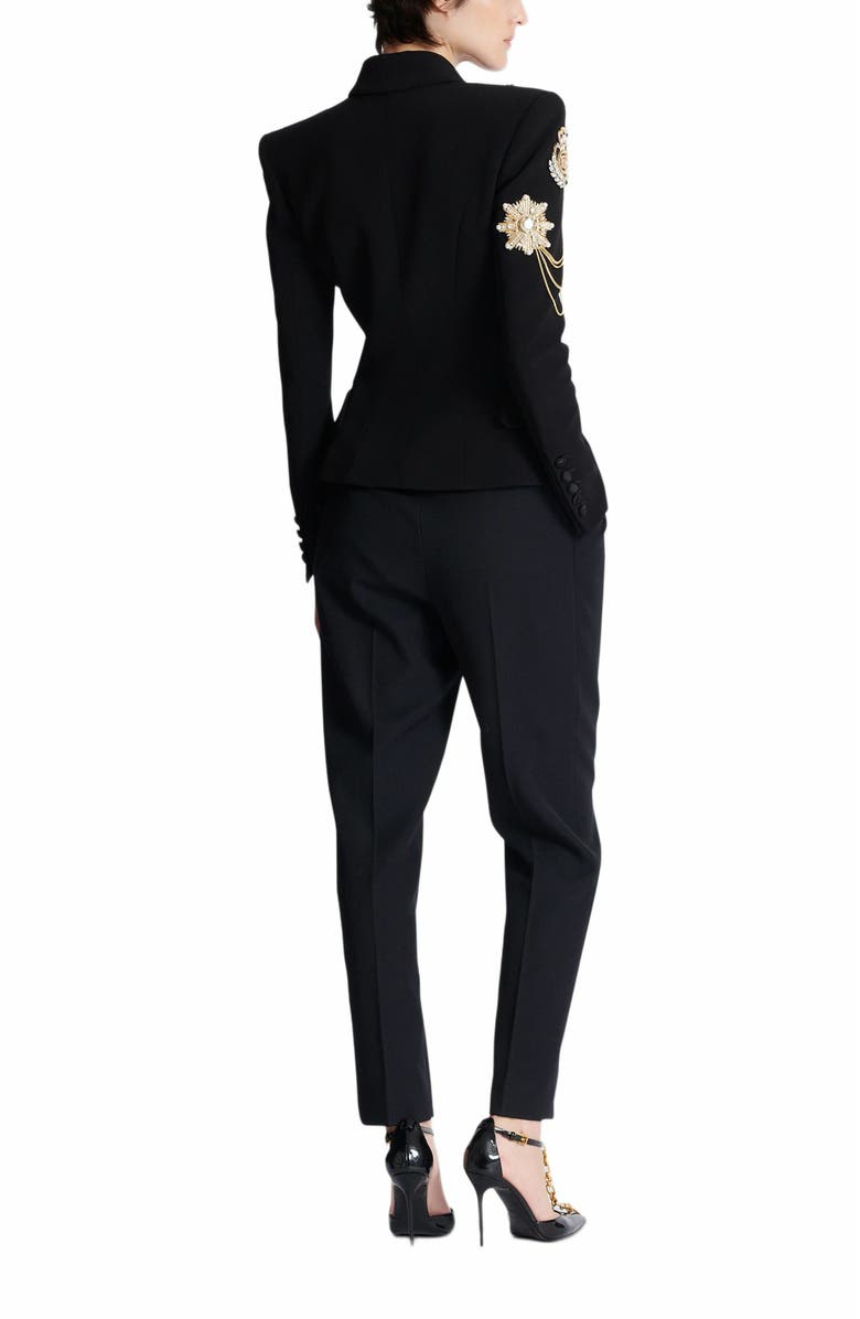 Balmain Crepe 6-Button Jacket With Embroidered Patches, Alternate, color, Black