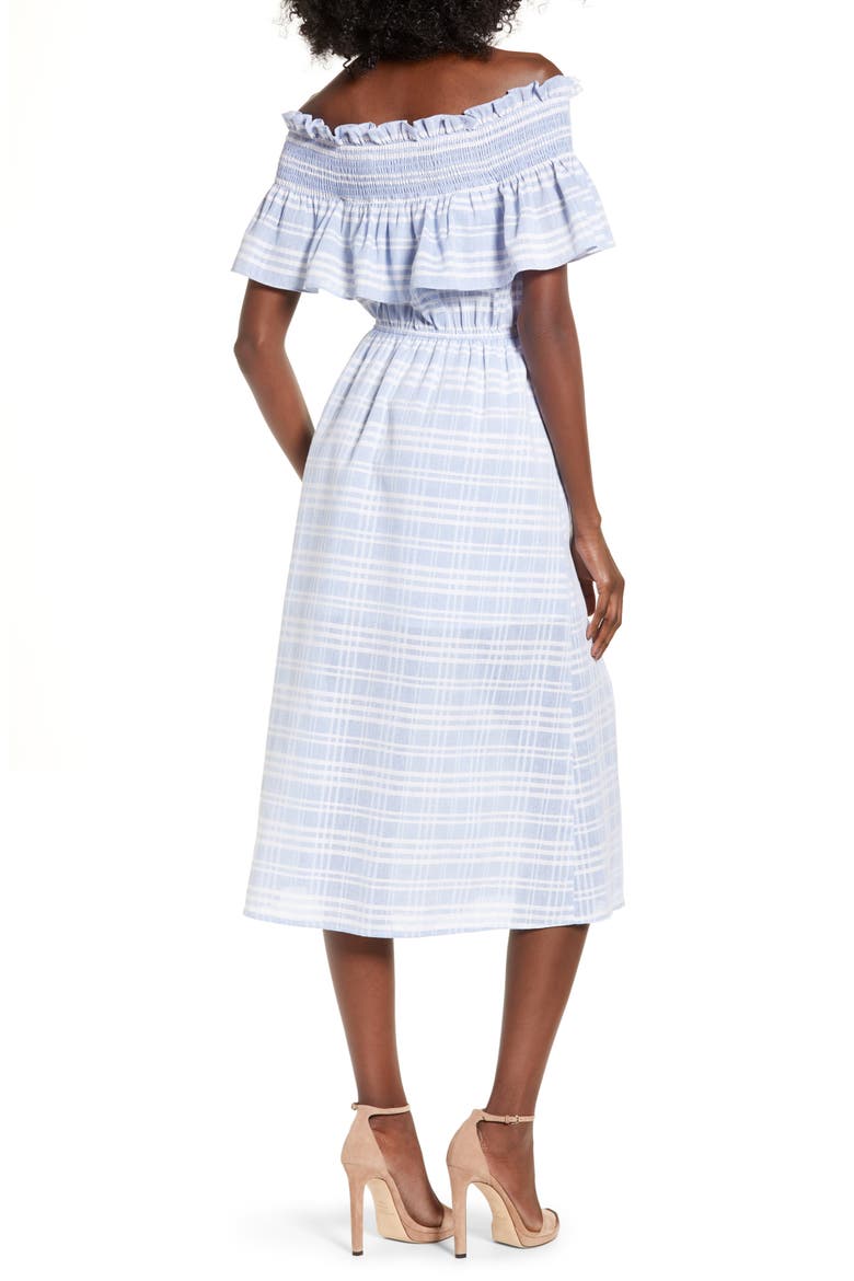 Off the Shoulder Smocked Midi Dress, Alternate, color, BLUE