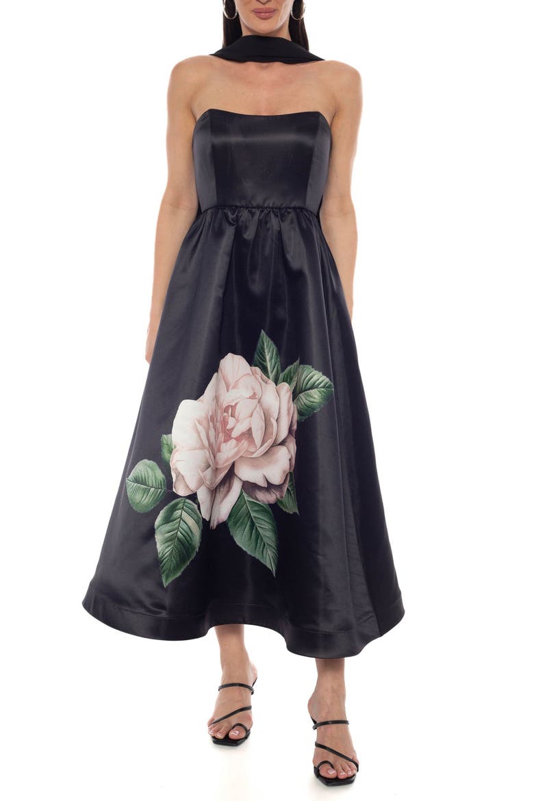 Floral Strapless Satin Midi Gown with Scarf, Main, color, BLACK