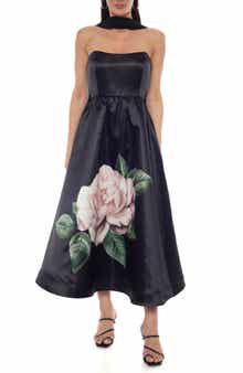 Floral Strapless Satin Midi Gown with Scarf