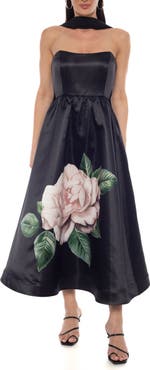 Oleg Cassini Floral Strapless Satin Midi Gown with Scarf