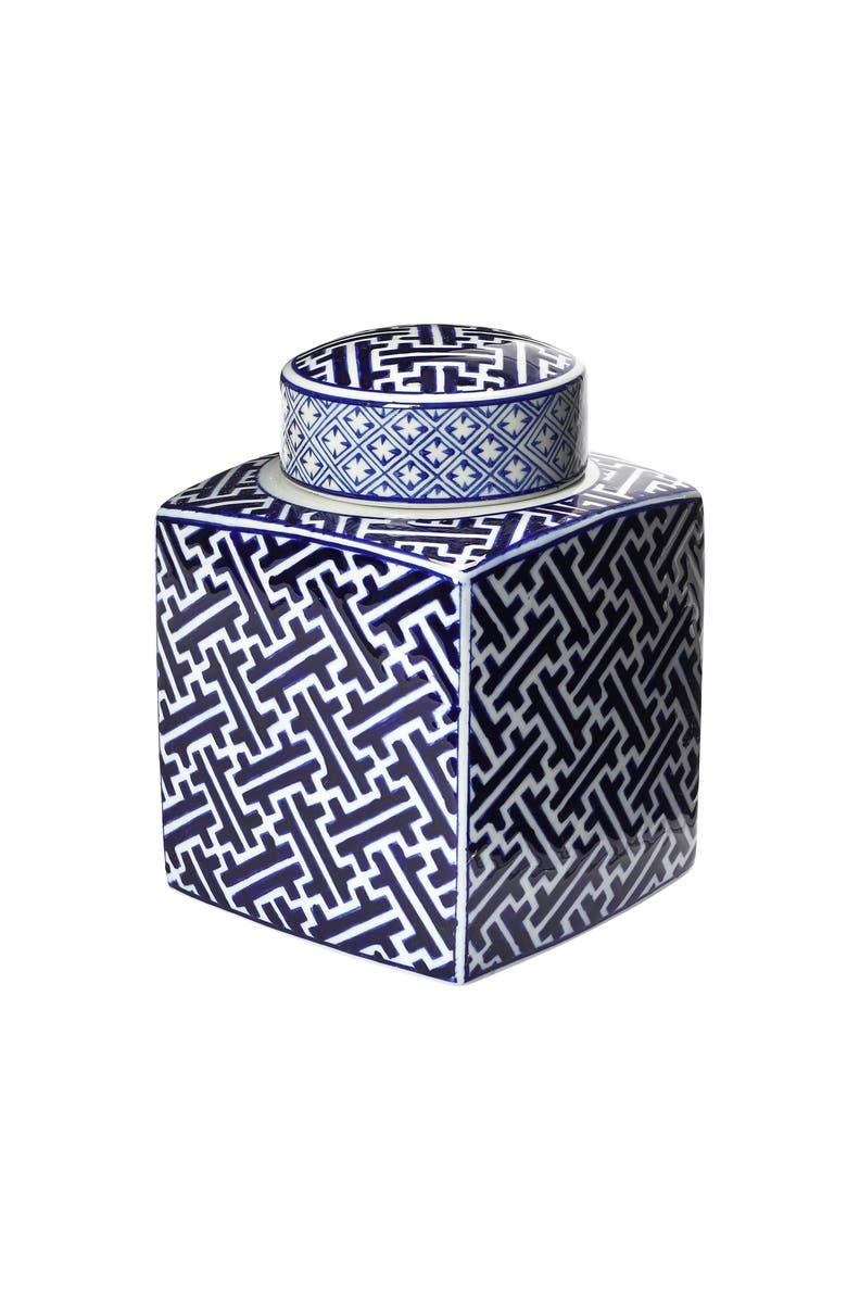 Storied Home Decorative Square Ceramic Ginger Jar with Lid and Various Patterns, Blue and White, Main, color, Blue