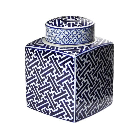 Decorative Square Ceramic Ginger Jar with Lid and Various Patterns, Blue and White