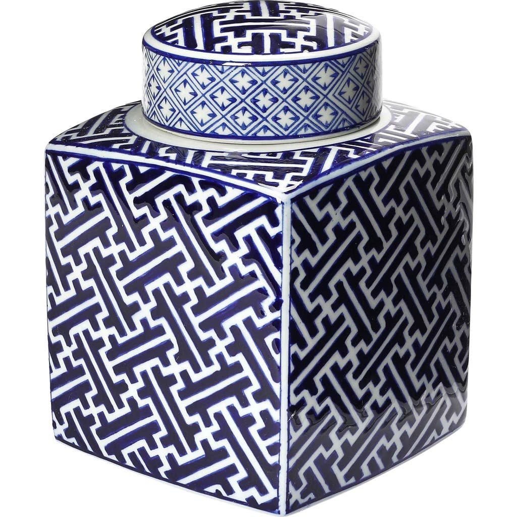 Storied Home Decorative Square Ceramic Ginger Jar With Lid And Various Patterns, Blue And White In Blue
