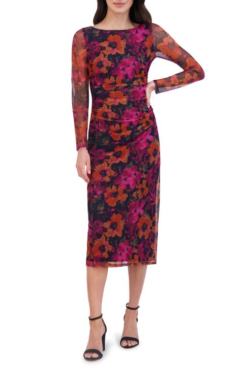 Floral Ruched Long Sleeve Body-Con Midi Dress