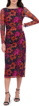 Vince Camuto Floral Ruched Long Sleeve Body-Con Midi Dress