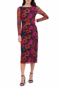 Vince Camuto Floral Ruched Long Sleeve Body-Con Midi Dress