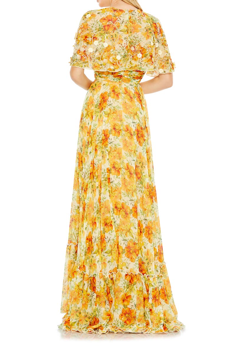 Floral Print High Neck Cape Sleeve A Line Gown, Alternate, color, YELLOW MULTI