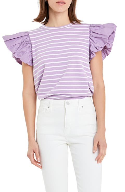 Mixed Media Stripe Ruffle Sleeve Top