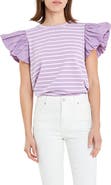 English Factory Mixed Media Stripe Ruffle Sleeve Top