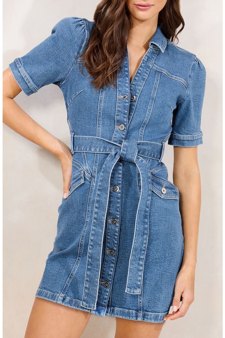 Belted Denim Mini Shirtdress, Alternate, color, MID WASH