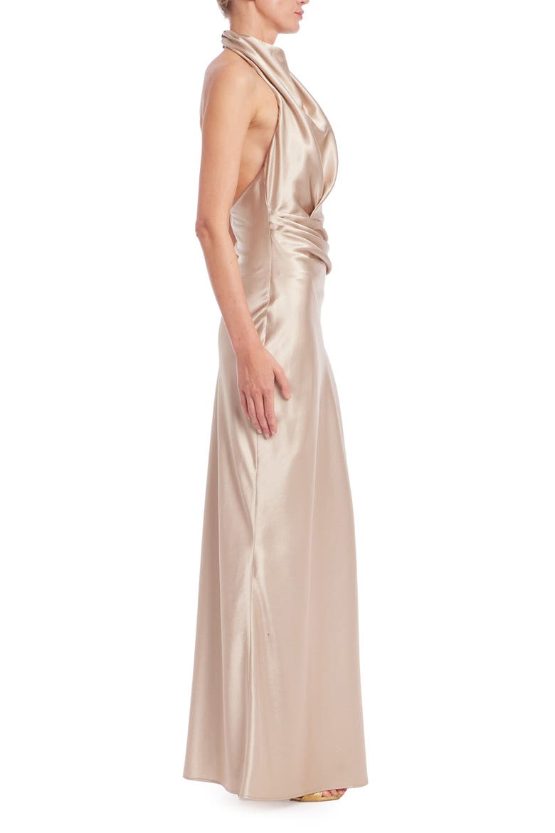 Cowl Halter Neck Metallic Satin Gown, Alternate, color, SAND