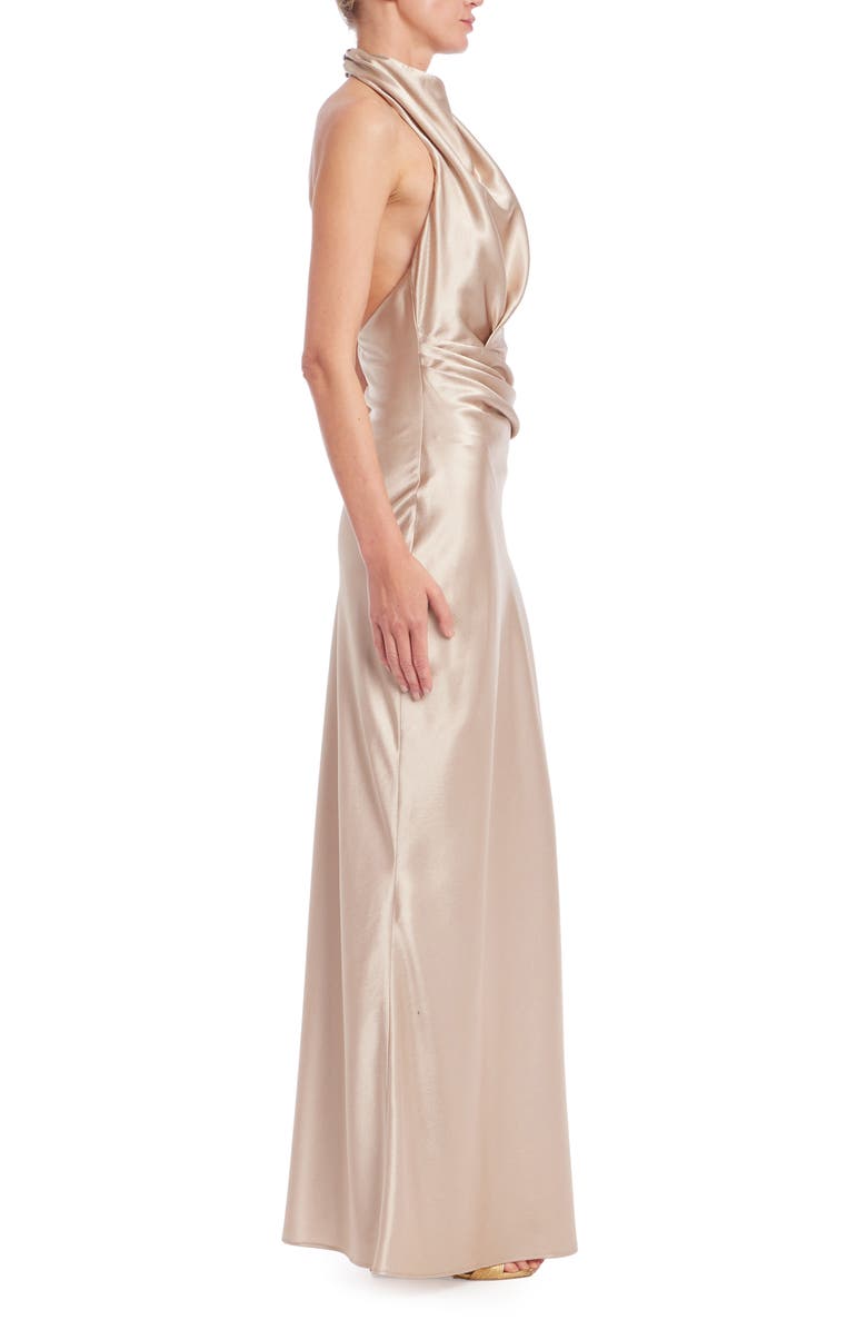Jewel Badgley Mischka Cowl Halter Neck Metallic Satin Gown, Alternate, color, Sand