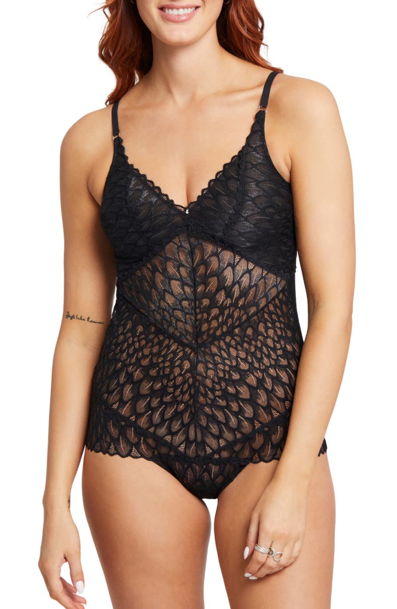Montelle Intimates Lacy Cutout Bodysuit, Main, color, Black