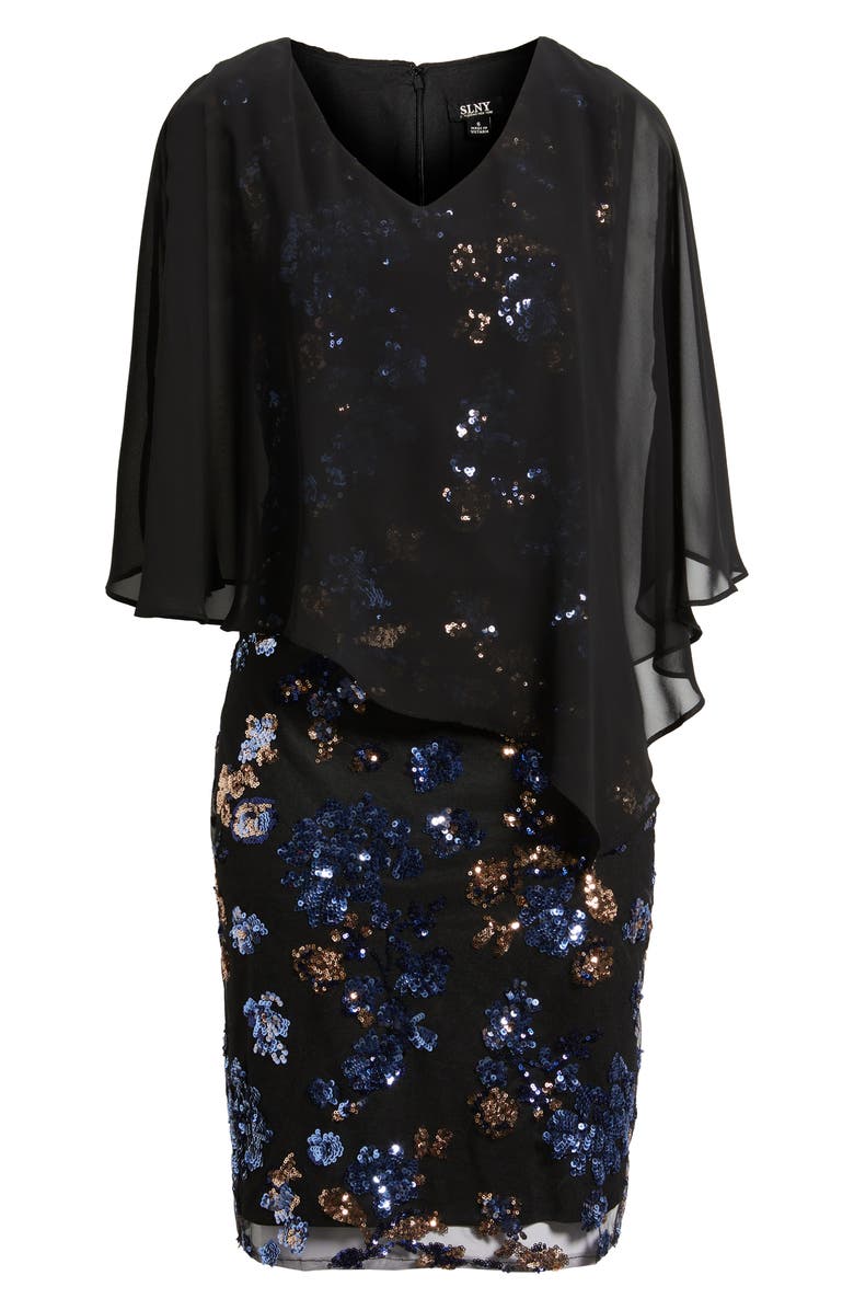SL FASHIONS Chiffon Capelet Floral Sequin Cocktail Dress, Alternate, color, Blue Black