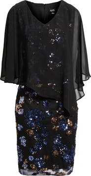 SL FASHIONS Chiffon Capelet Floral Sequin Cocktail Dress