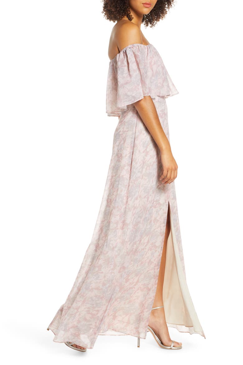 Floral Popover Off the Shoulder Chiffon Gown, Alternate, color, NUDE ROSE ALLOVER