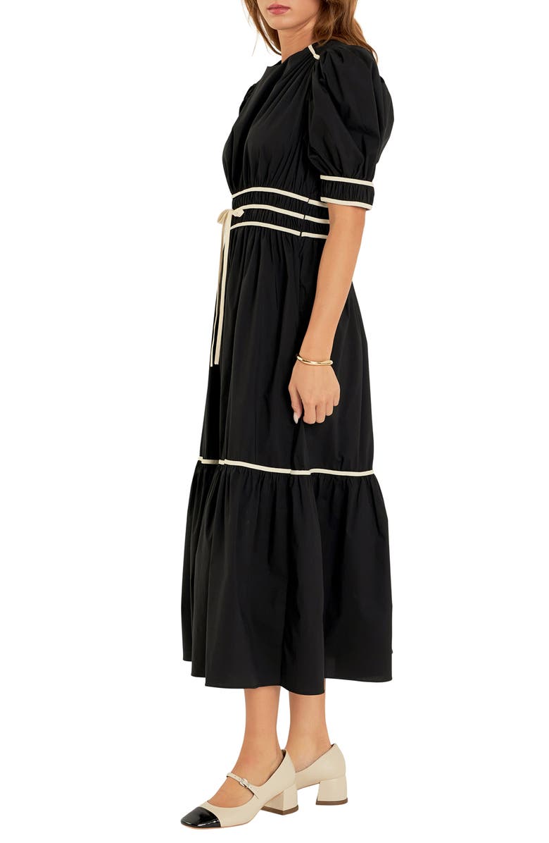 English Factory Bow Puff Sleeve Cotton Blend Midi Dress, Alternate, color, Black