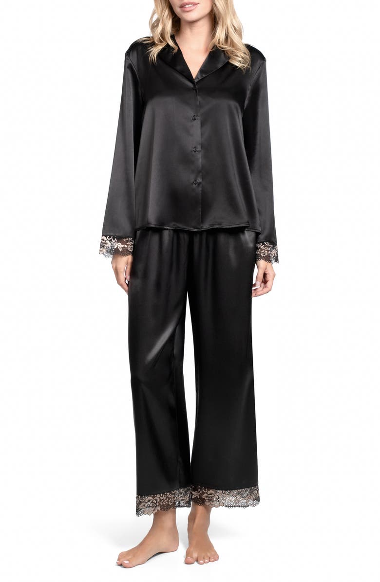 In Bloom by Jonquil Aviva Lace Trim Satin Cropped Pajamas, Main, color, Black