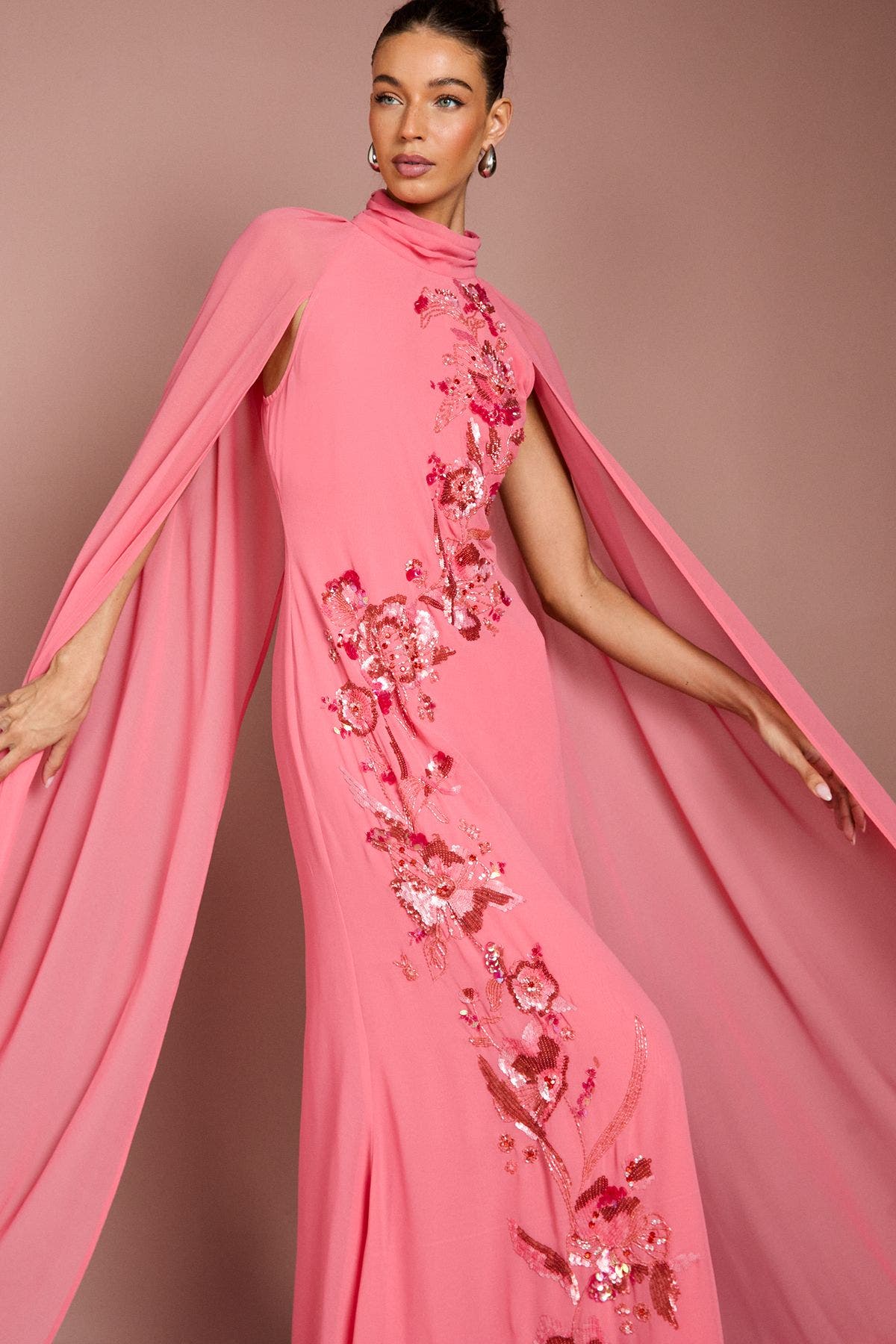 cape maxi dress Martinne Chiffon / Mocha | MESHKI fit dress is perfect for evening events Floral Cape Maxi Dress (Women)