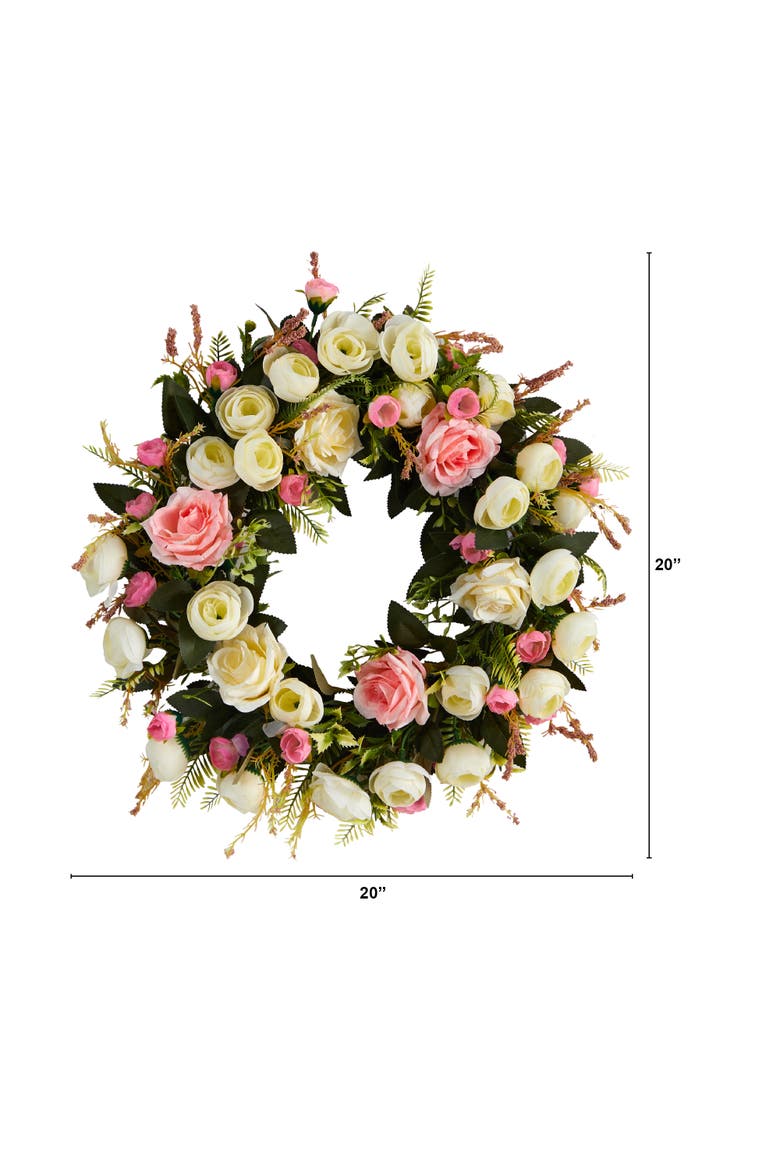 20-in White & Pink Rose Artificial Wreath, Alternate, color, Pink