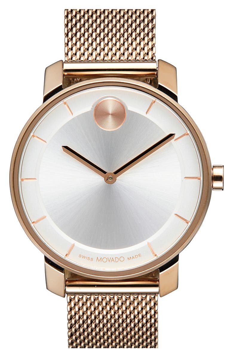 Movado Bold Mesh Strap Watch, 34mm, Main, color, Silver/ White/ Rose Gold