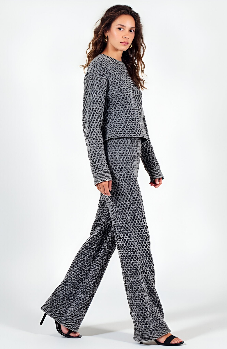 Modenaire Textured Knit Sweater Set with Crewneck Pullover and Wide-Leg Pants, Alternate, color,