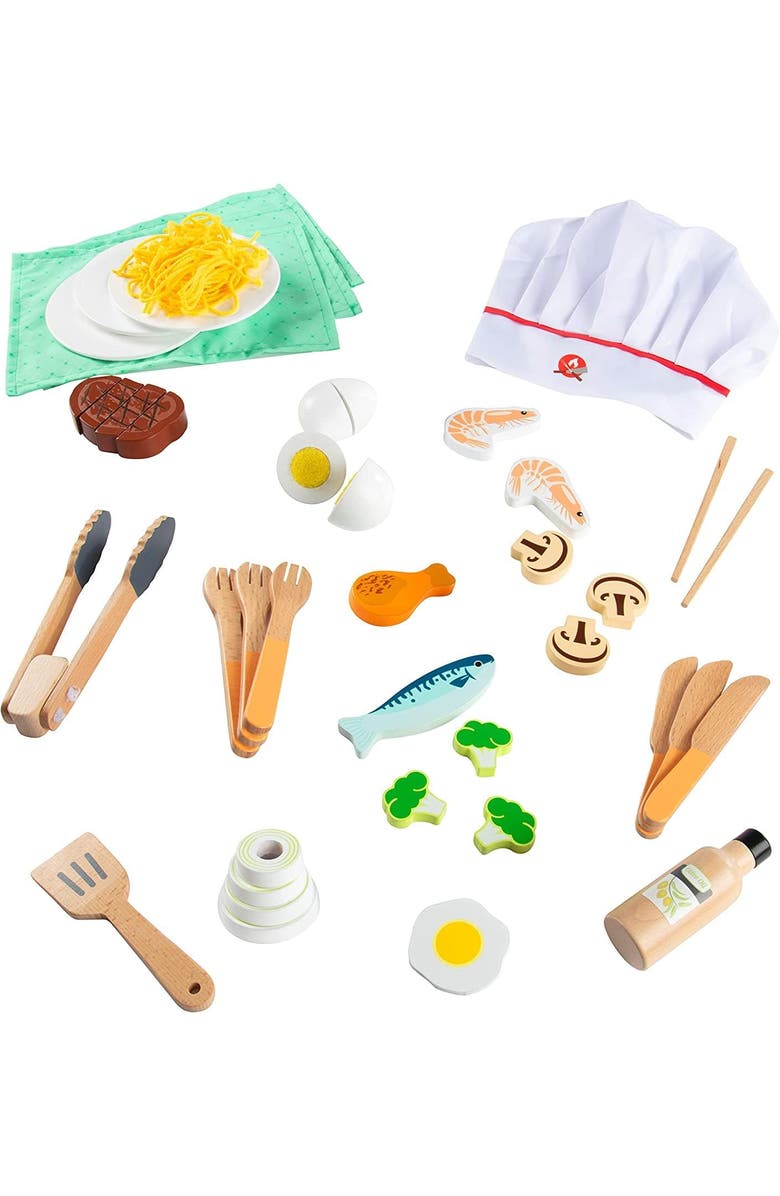 SVAN Hibachi Grill Wooden Kids Playset w Stools, Table Settings & Over 25 Toy Food Pieces, Alternate, color, Beige