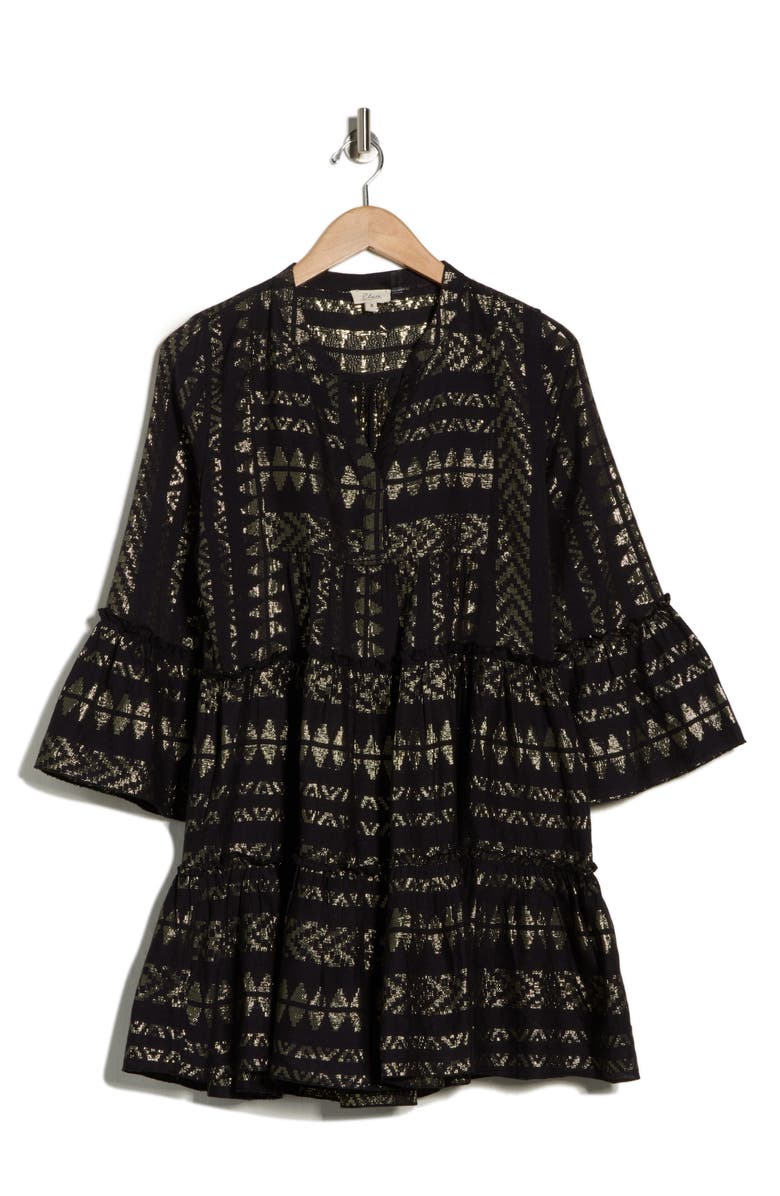 Elan Metallic Bell Sleeve Cover-Up Dress, Alternate, color, Black/ Gold Arrow Print