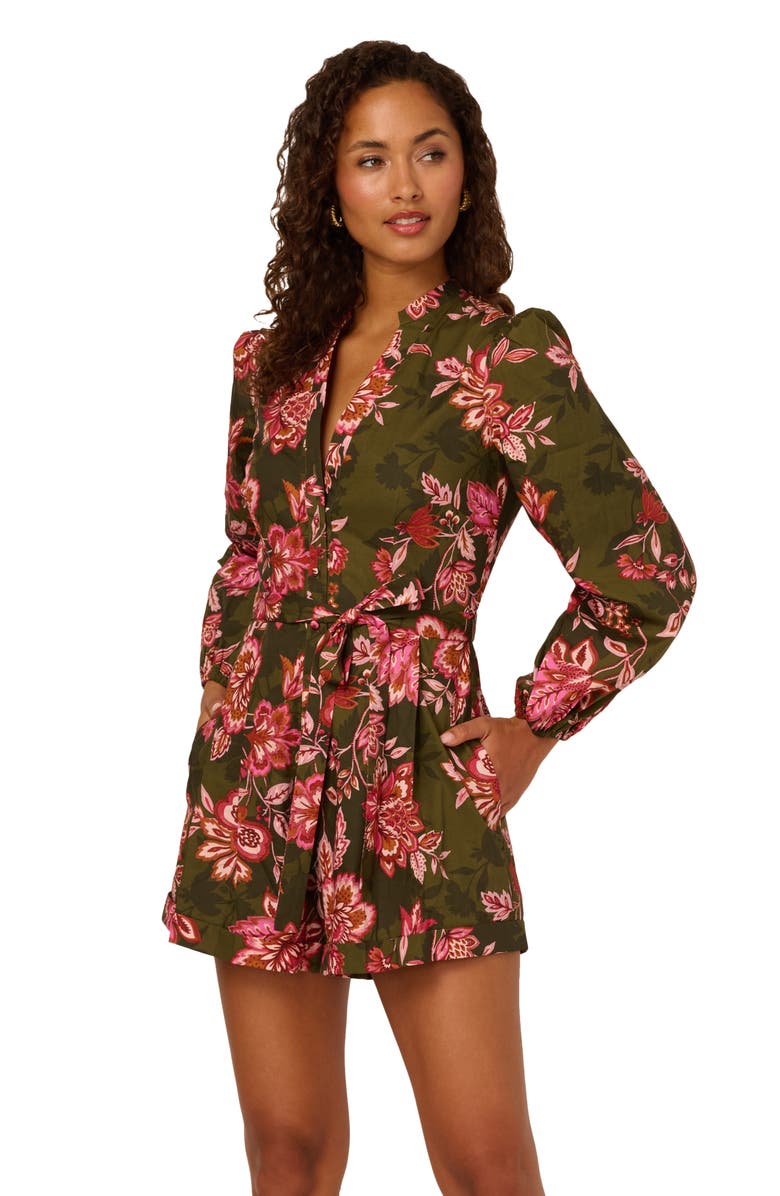 Adrianna Papell Print Tie Waist Romper, Alternate, color, Olive Multi