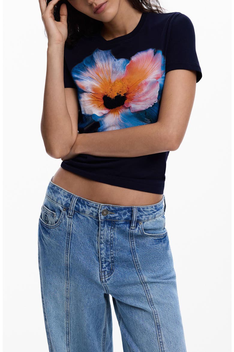 Embroidered Pansy Cotton Graphic T-Shirt, Main, color, NAVY BLUE