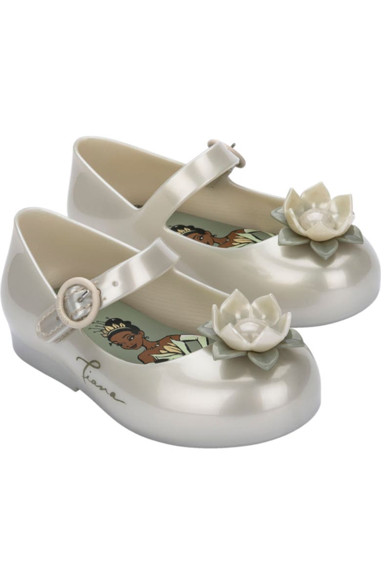 Mini Melissa Mini Sweet Love Disney Princess Mary Jane Flat, Main, color, Metallic White/ Green