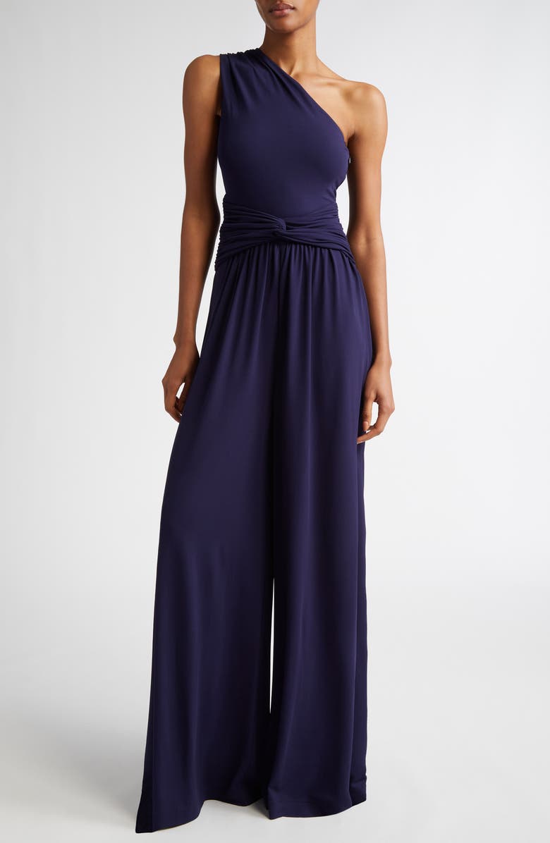 Michael Kors Collection One-Shoulder Knot Detail Jersey Jumpsuit, Main, color, Maritime